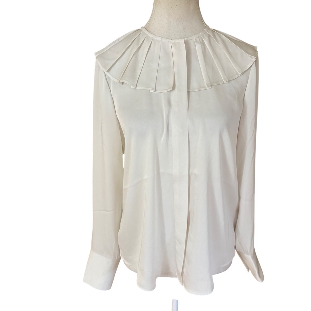 BODEN NEW Pleated Collar Button Down Blouse Size 4 In Ivory Oversized Collar